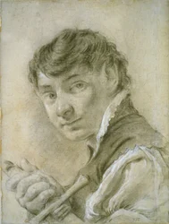 Portret van een jonge man met een zwaard, ca. 1735 (zwart-wit krijt met houtskool op papier)