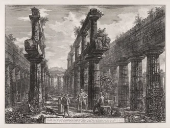 A., B. Gezicht op de resten van de twee rijen zuilen in de Tempel van Neptunus, die aan de zijkanten de portieken in de cella vormden en het dak van het gebouw droegen ...