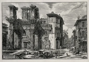 Gezicht op de overblijfselen van het Forum van Nerva in Rome (uit: Vedute di Roma)