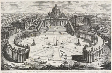 Gezicht op de illustere Vaticaanse basiliek met brede porticus en aangrenzend voorplein