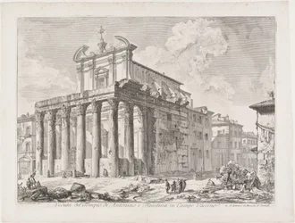 Gezicht op de tempel van Antoninus en Faustina op het Campo Vaccino