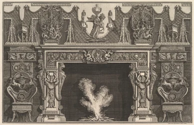 Vogel in schelp in het midden van de latei, met een fries van trofeeën, bekroond door een..., 1769