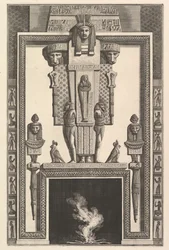 Schouw in Egyptische stijl: Mummie bovenop een grote kariatide boven de latei..., 1769