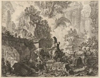 Frontispice, Fantasie van Ruïnes met een Standbeeld van Minerva op de Voorgrond, uit Vedute di Roma