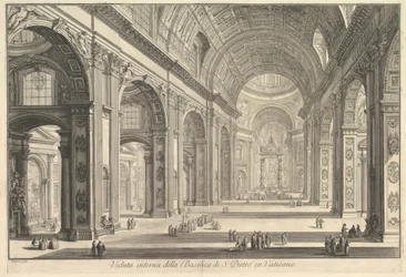 Binnenaanzicht van de Sint-Pietersbasiliek in het Vaticaan, uit Vedute di Roma Romeinse Zichten, ca. 1748