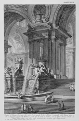 Plate LXV Architectonische capriccio van een monumentale groep kolommen die twee bogen van een grote binnenplaats ondersteunen met prachtige fonteinen versierd met beelden en bas-reliëfs gedateerd 1743 uit Vedute