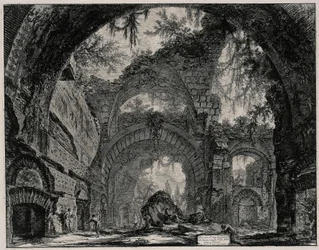 Ruïnes van een beeldenzaal in de Villa Adriana bij Tivoli (uit: Vedute di Roma)