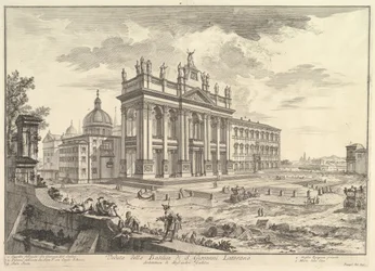 S. Giovanni in Laterano, hoofdgevel, met paleis en Scala Santa aan de rechterkant, ca. 1749