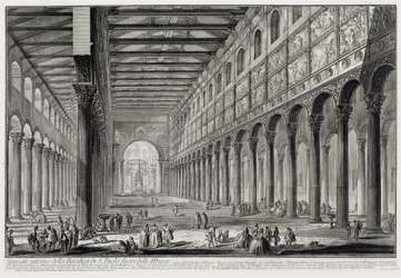 Doorsnede van het interieur van de basiliek San Paolo fuori le Mura (uit: Vedute di Roma)