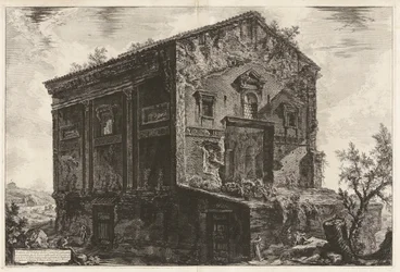 Gezicht op de Tempel van de Camenen omgeven door een bos in de Egeria-vallei