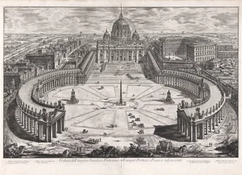 Gezicht op de beroemde Sint-Pietersbasiliek met haar ruime portiek en aangrenzend plein, uit Vedute di Roma (Gezichten op Rome)