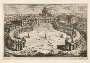 Gezicht op de vermaarde Vaticaanse basiliek met de ruime portiek en het aangrenzende plein, uit Vedute di Roma