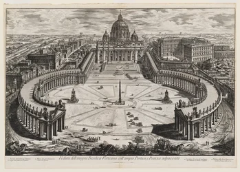 Gezicht op de voorname Vaticaanse basiliek met de ruime portiek en het aangrenzende plein, plaat 120 uit Gezichten van Rome