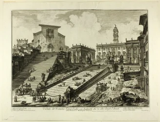 Zicht op de Capitolijnse Heuvel met de trappen naar de Kerk van S. Maria in Aracoeli, uit Zichten van Rome