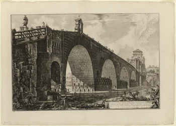 Uitzicht op de Ponte Molle [of Milvian Bridge] over de Tiber twee mijl buiten Rome, uit Zichten van Rome