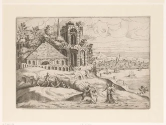 Landschap met antieke ruïnes en de Kolossus van Rhodos