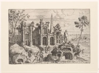 Landschap met antieke ruïnes, sculptuur en obelisk