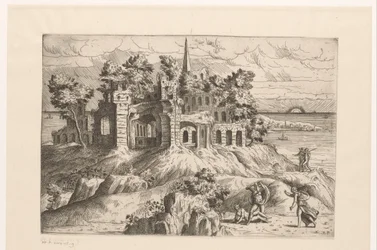 Landschap met ruïnes aan het water en een op- of ondergaande zon