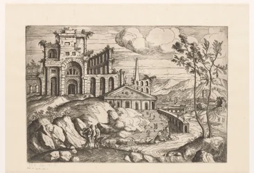 Landschap met ruïnes en fantasie-architectuur aan stromend water met waterval