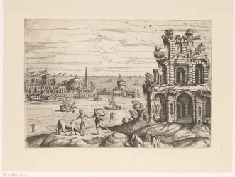Stadsgezicht met ruïnes en fantasie-architectuur aan het water
