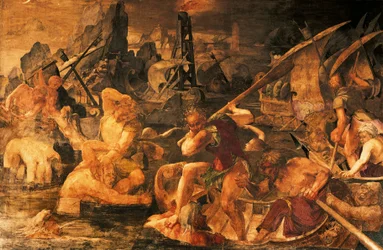 Zeeslag, fresco Galerie van Frans I, Kasteel van Fontainebleau (Werelderfgoed door UNESCO)