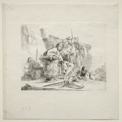 Verschillende Caprices: De jonge man zittend, leunend tegen een urn, 1785