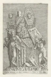 Trofee van wapens, een vrouwenfiguur en engelen