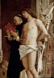 Altaarstuk van Sint Job: Maagd en Kind met zes heiligen en muzikale engelen (detail)