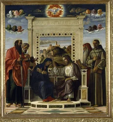 Kroning van de Maagd met de heiligen Paulus, Petrus, Hiëronymus en Franciscus van Assisi, met scènes uit de levens van de heiligen op het predellapaneel, bekend als het altaarstuk „Pala di Pesaro”, ca. 1474