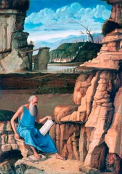 Sint Hiëronymus lezend in een Landschap