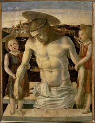 De dode Christus ondersteund door twee engelen ...