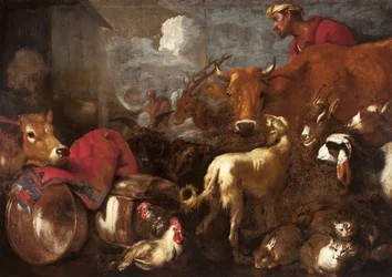 De dieren gaan aan boord van de ark van Noach