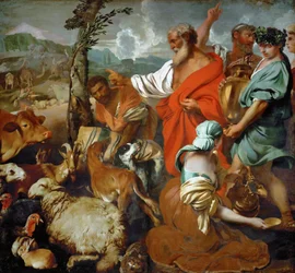 De dieren gaan aan boord van de Ark van Noach