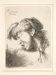 Een man zonder baard, gezien in profiel en naar rechts gedraaid. Zijn mond is open alsof hij wil schreeuwen, uit de serie Les petites tetes