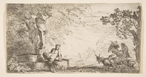 Een sater liggend aan de voet van een standbeeld van Priapus, geiten aan de rechterkant, ca. 1645-48