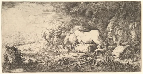 De intocht van de dieren in de ark van Noach, drie mannen volgen viervoeters en vogels die lopen..., ca. 1650-55