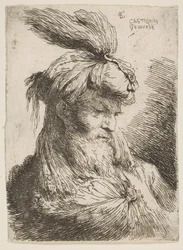 Hoofd van een bebaarde man met een tulband naar rechts gericht, uit de serie Kleine Hoofden..., ca. 1645-1650
