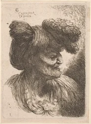 Oude man met een tulband versierd met bont, naar rechts gericht