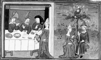 Decameron, Lidia doodt de sperwer van haar man; de vrouw praat met haar man in de wei. Zevende dag, nieuws 9