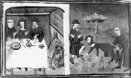 Decamerone, Gianni di Barolo zit aan tafel met Pietro da Tresanti en diens vrouw; Gianni probeert de staart aan de vrouw vast te maken. Negende dag, verhaal 10