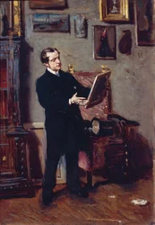 Italië, Florence, Jonge Man die een Schilderij Bekijkt