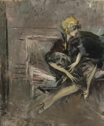 Dame in een gele hoed met haar hond Marchesa Casati