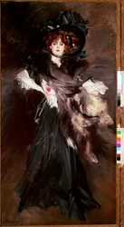 Portret van Mademoiselle Lantelme. Jonge vrouw gekleed in zwarte mode uit de belle époque, 1907. 227 x 118 cm. Rome, Galleria Nazionale d