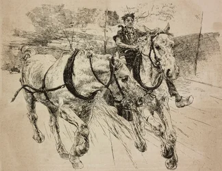Versterkingskoets paarden, gravure naar originele tekening van Giovanni Boldini, uit zijn schilderij, uit L