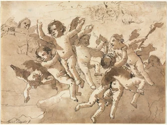 Cupido in de Wolken met Begeleidende Cherubs