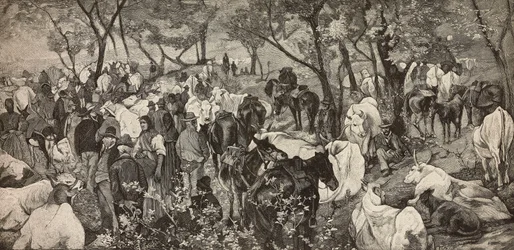 Markt in de Toscaanse Apennijnen, gravure naar een schilderij van Giovanni Fattori, uit L