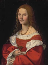 Portret van een dame als Maria Magdalena, halflang, in een rode jurk en parelketting
