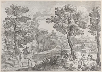 Een groep mensen die kaarten speelt rechts en een man te paard links