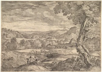 Landschap met een baksteenfabriek op de achtergrond, een staande man op de voorgrond, 1626-80