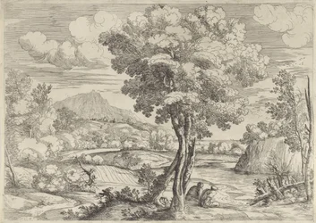 Landschap met vogel op boomstronk